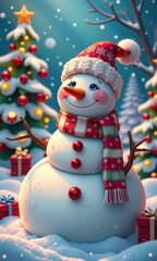 A jolly snowman with rosy cheeks and a carrot nose stands in a winter wonderland, adorned with festive accessories, design, winter, cheerful