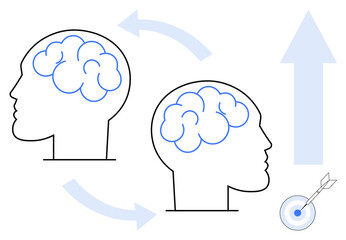Outline of two brains exchanging ideas through arrows, upward arrow symbolizing growth, and a target with an arrow for goal achievement. Ideal for communication, teamwork, creativity
