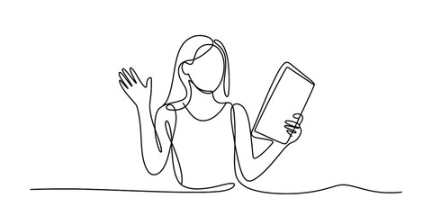 A continuous one line drawing capturing a person interacting with a tablet device in a minimalist art style vector
