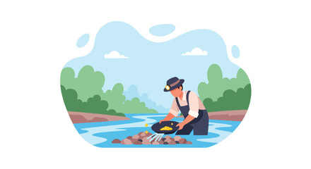 Flat vector of traditional gold miner panning for nuggets in river stream, historical mining process scene