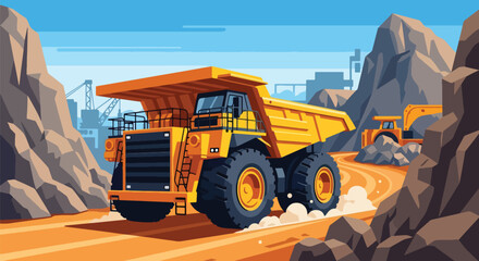 Flat vector of large mining dump truck hauling materials through rocky open-pit site, industrial transport scene © meeblues