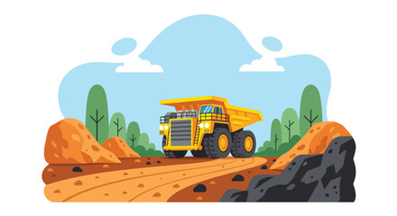 Flat vector of large mining dump truck hauling materials through rocky open-pit site, industrial transport scene © meeblues