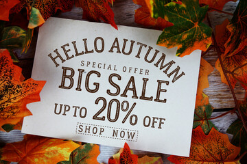 Hello Autumn Big Sale 20% off   Special Offer with maple leaf decoration on wooden background