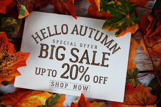 Hello Autumn Big Sale 20% off   Special Offer with maple leaf decoration on wooden background