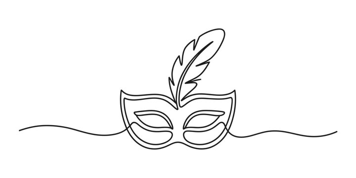 Elegant continuous one line drawing of a feathered masquerade mask emblematic of mystery and celebration vector