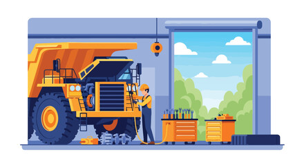 Flat vector of engineers repairing mining truck inside maintenance workshop, teamwork and safety operation scene