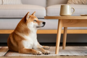 Cozy Shiba Inu dog on rug with coffee, Scandinavian minimalist morning