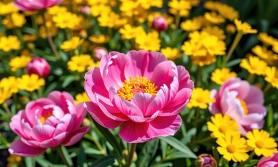 Obraz premium Vibrant peony blossoms unfurl amidst a garden of cheerful yellow blooms, capturing springtime's joyful essence, floral, visual