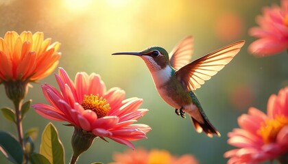 Fototapeta premium Hummingbird flies near pink flowers in sunlight. Bird hovers above flower with outstretched wings. Green hummingbird with white breast feeds from orange flowers in sunny garden. Beautiful nature