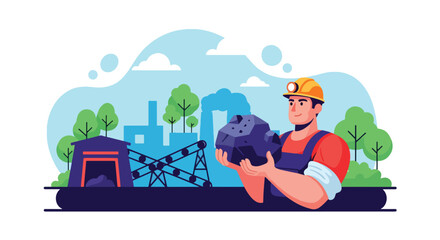 Flat vector portrait of coal miner holding mineral ore with pride, symbolizing strength, courage, and dedication