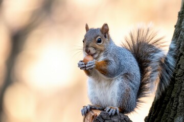 Obraz premium Eastern Gray Squirrel Eating Acorn, Autumn Golden Bokeh, Copy Space