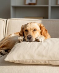 Golden Retriever on Beige Sofa, Natural Light Close-Up — Cozy Pet Furniture Ad