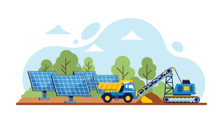 Flat vector of sustainable mining site powered by solar panels and electric trucks, eco-friendly green energy industry