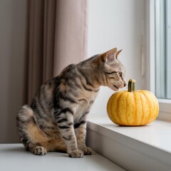 Tabby Cat Sniffing Pumpkin on Windowsill — Autumn/Halloween Blog Header Image