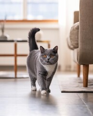 Blue‑Gray British Shorthair Cat Walking in Bright Living Room &mdash; Pet Care Banner