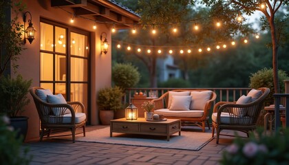 Fototapeta premium Terrace with wicker chairs and sofa under string lights at dusk. Outdoor seating area with wooden coffee table and lantern. Home backyard relaxation space with warm ambient glow.