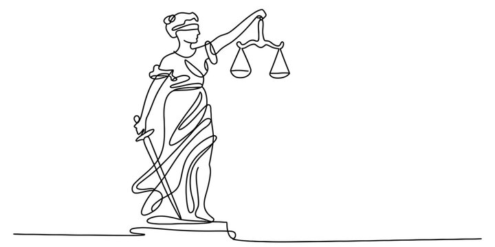 Continuous one line drawing of lady justice holding scales of justice and sword symbolic of law and fairness vector