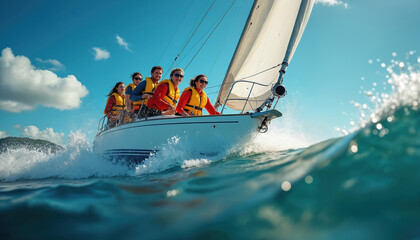 Group of people sailing on boat in ocean. Crew wearing life jackets. People enjoying teamwork and adventure on water. Sailboat navigating through waves under blue sky with clouds.