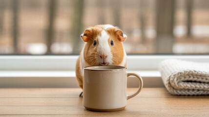 Orange-white guinea pig portrait with mug & knitted blanket — cozy hygge morning, pet companionship, wellness blog header with copy space, natural soft light