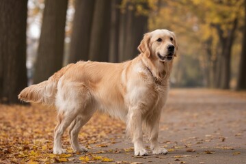 Autumn Golden Retriever portrait on park path — warm copy-space banner