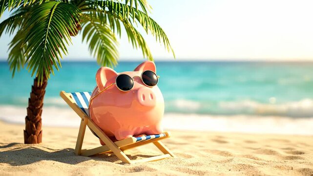 Cute pink piggy bank wearing sunglasses relaxing in a deckchair. Conceptual image for retirement savings, holiday fund, or vacation budget