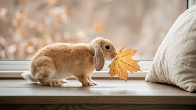 Tan Lop-Eared Bunny on Windowsill Holding Maple Leaf — Cozy Fall Card