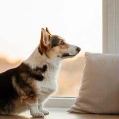 Obraz premium Tricolor Corgi on Windowsill Gazing at Golden Hour- Separation Anxiety