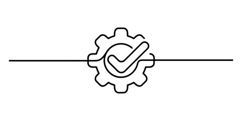 Minimalist continuous one line drawing of a cogwheel with a checkmark symbol representing approval and efficiency vector