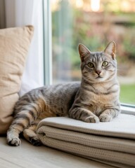 Grey Tabby Cat with Green Eyes on Windowsill, Cream Knit Blanket — Cozy Close-Up, Copy Space Left