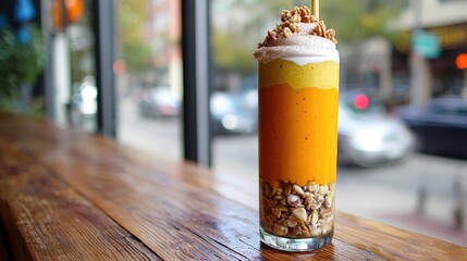Colorful layered smoothie with granola and topping sits on a wooden surface.