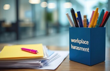 Blue box with workplace harassment text on desk with pens and documents. Papers and pen on office table. Workplace harassment issue in office setting. Documents and writing materials on wooden desk.