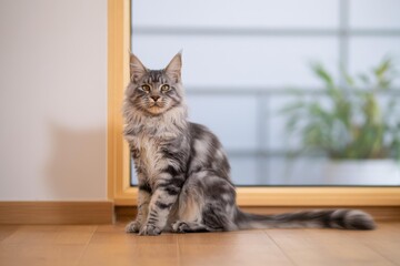 Silver Tabby Maine Coon by Window &mdash; Indoor Cat Portrait, Soft Light
