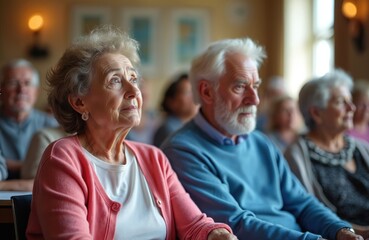 Mature couple attends community lecture indoors. Elderly people listen to presentation. Seniors show engagement and interest in educational event. Retirement life concept. Education for older people.