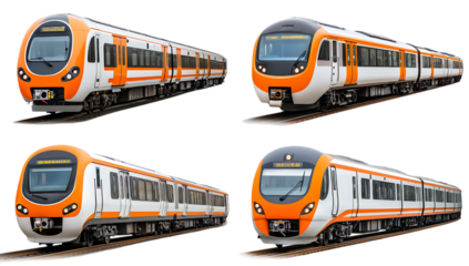 Four views of a modern orange and white passenger train on railway tracks, high-quality PNG cutout with transparent or white background