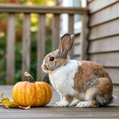 Obraz premium Brown & White Bunny with Pumpkin on Porch — Cozy Fall Greeting Card