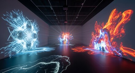 Abstract digital art installation with vibrant light displays.