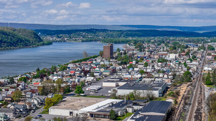 Aerial landscape of Susquehanna River Valley in Sunbury rural Appalachia Central Pennsylvania