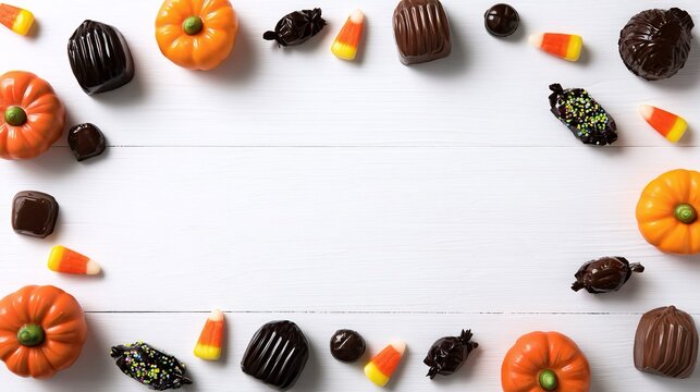 Cioccolatini, caramelle e zucche di marzapane di Halloween intorno a uno spazio bianco, per auguri di feste per bambini