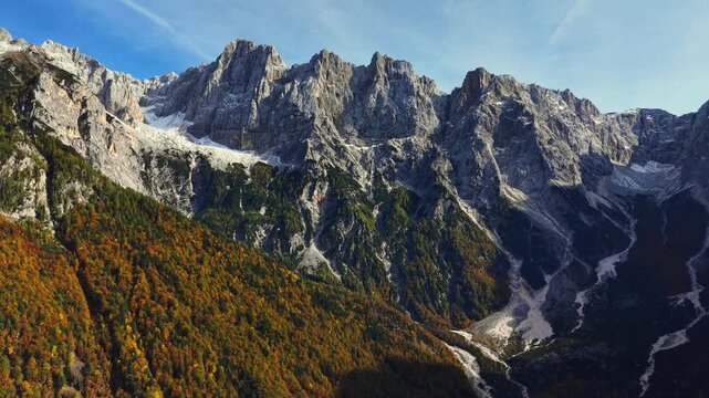 Aerial scenic view of the Julian Alps near Vrsic Pass, the highest mountain pass in Slovenia, Europe