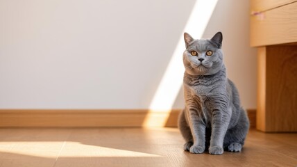 Gray British Shorthair Cat with Amber Eyes on Sunlit Wood Floor &mdash; Natural Light Interior, Left Copy Space for Banner/Ad