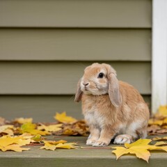 Light Brown Lop-Eared Bunny on Porch with Maple Leaves &mdash; Autumn/Fall Thanksgiving Greeting Card Image, Off-Center Copy Space