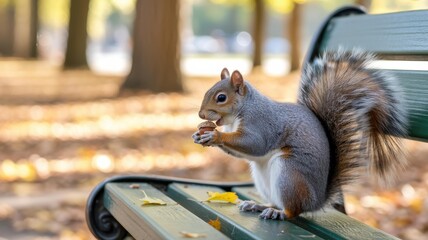 Close-up gray squirrel eating acorn on park bench, autumn golden bokeh