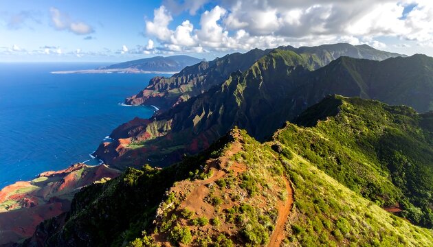 Aerial view of rugged terrain meeting vast blue ocean under a partly cloudy sky. Reddish-brown paths wind along the crests of green mountains