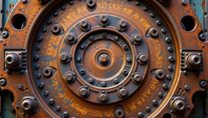 Obraz premium Rustic metal circle with numerous bolts and screws, showing significant rust and wear. Texture and detail ideal for industrial or steampunk designs, screws, machinery