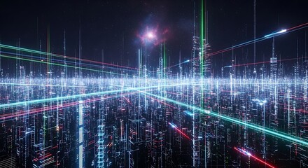 Abstract Digital Cityscape with Neon Light Trails.