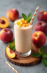 Glass of peach smoothie with diced peaches and mint leaves on a wooden board. Fresh peaches around the glass. Yellow orange striped straw. Peach slice on a wooden serving board.