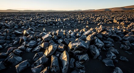 Obraz premium A vast field of dark volcanic rocks under a clear sky at sunset.