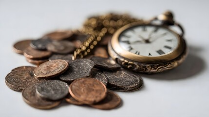 An antique brass pocket watch lies amidst a scattering of various coins representing time and money