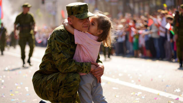 Soldier embracing child in parade, emotional reunion, military family, crowds celebrating, festive atmosphere, patriotism, father and daughter moment, love and support, public event, unity - Powered by Adobe