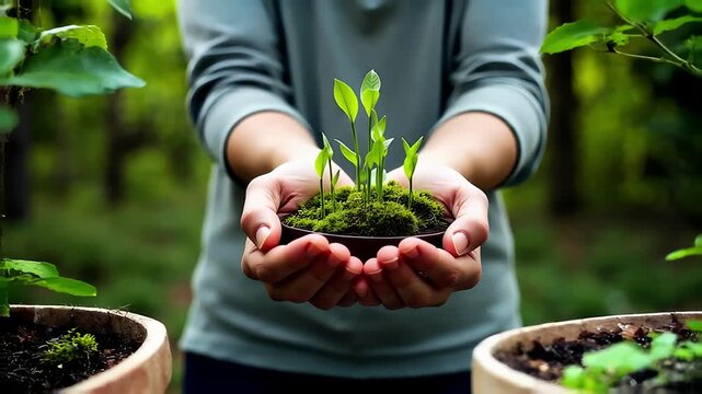 Person holding a small plant in their hands